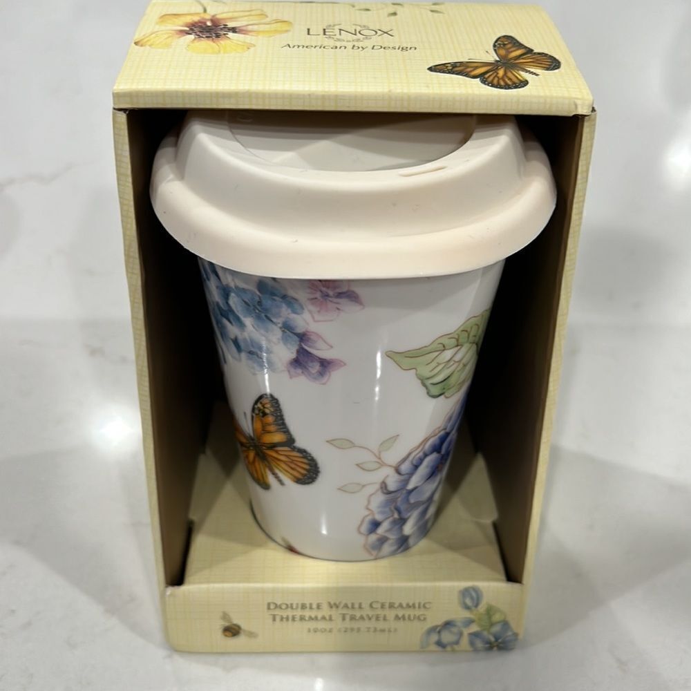 NEW Lenox Butterfly Meadow dbl walled ceramic thermal travel mug 12oz.